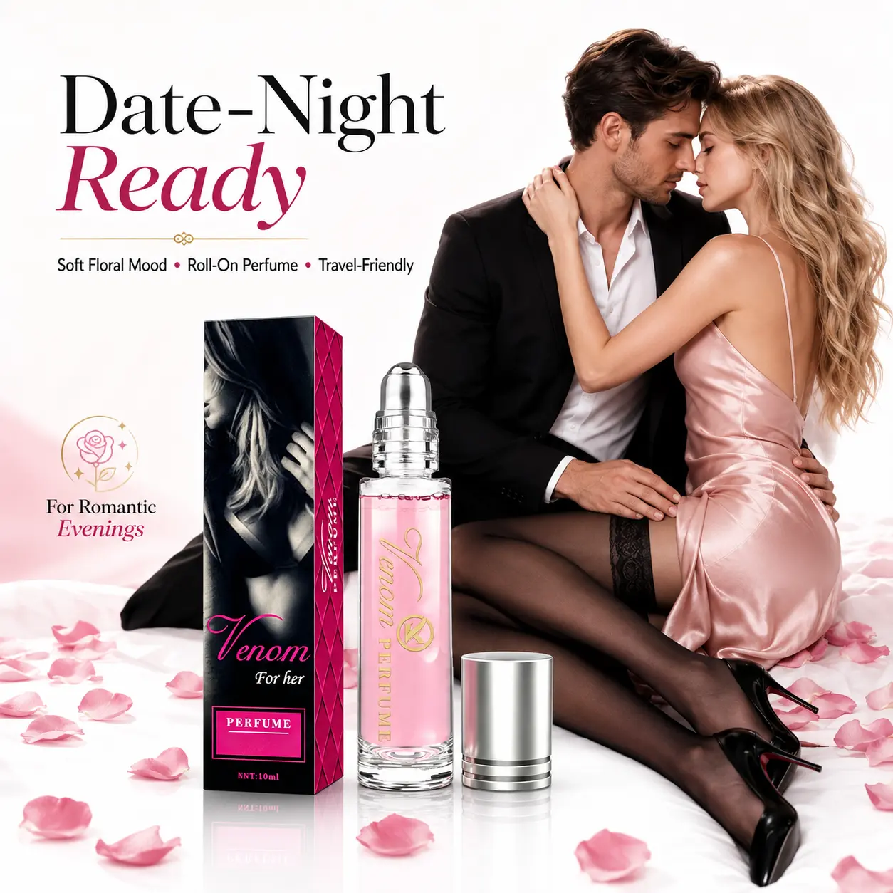 Venom For Her Pheromone Roll On  Oil for Women 10ml Long Lasting 12H Soft   with Rose Jasmine Vanilla Amber Musk for Date Night Daily Wear Travel Halloween Christmas Valentine Gift for Her Solar White   long-lasting fruity woody  pink chiffon powdery oz