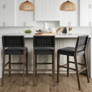 Faux Leather Woven Bar Stools Black (Set of 3)