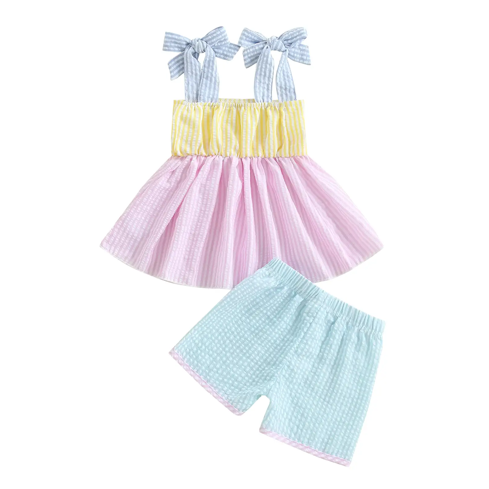 Toddler Girl Seersucker Outfits Cute Striped Sleeveless Tie Strap Dress Tank Tops Elastic Waist Casual Shorts Set Summer Clothes