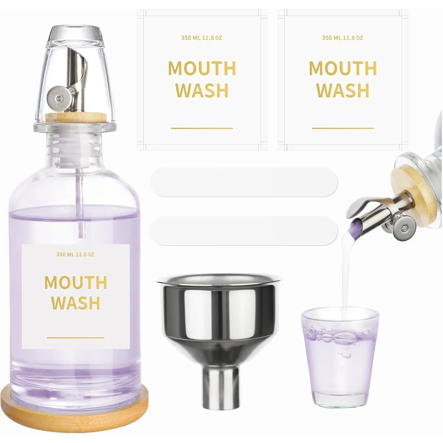 Glass Mouthwash Dispenser for Bathroom, 11.8 OZ Refillable Mouthwash Container with Cup, Auto Pour Spout,  Tray, Funnel, Stickers, Clear, 1 count