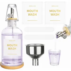 Glass Mouthwash Dispenser for Bathroom, 11.8 OZ Refillable Mouthwash Container with Cup, Auto Pour Spout,  Tray, Funnel, Stickers, Clear, 1 count