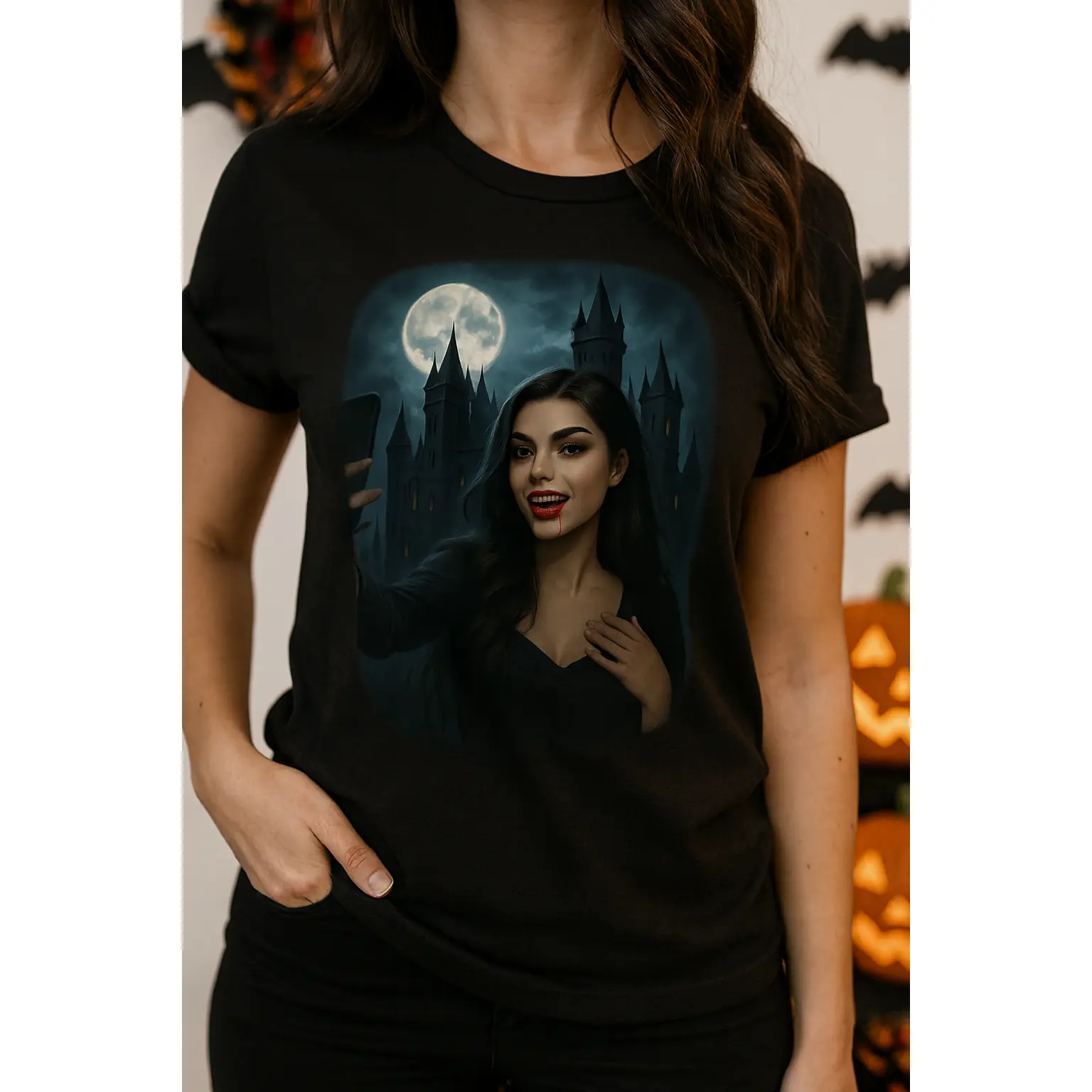 Adult Influencer Shirt, Instagram Selfie Vampire Halloween V Neck T-Shirt
