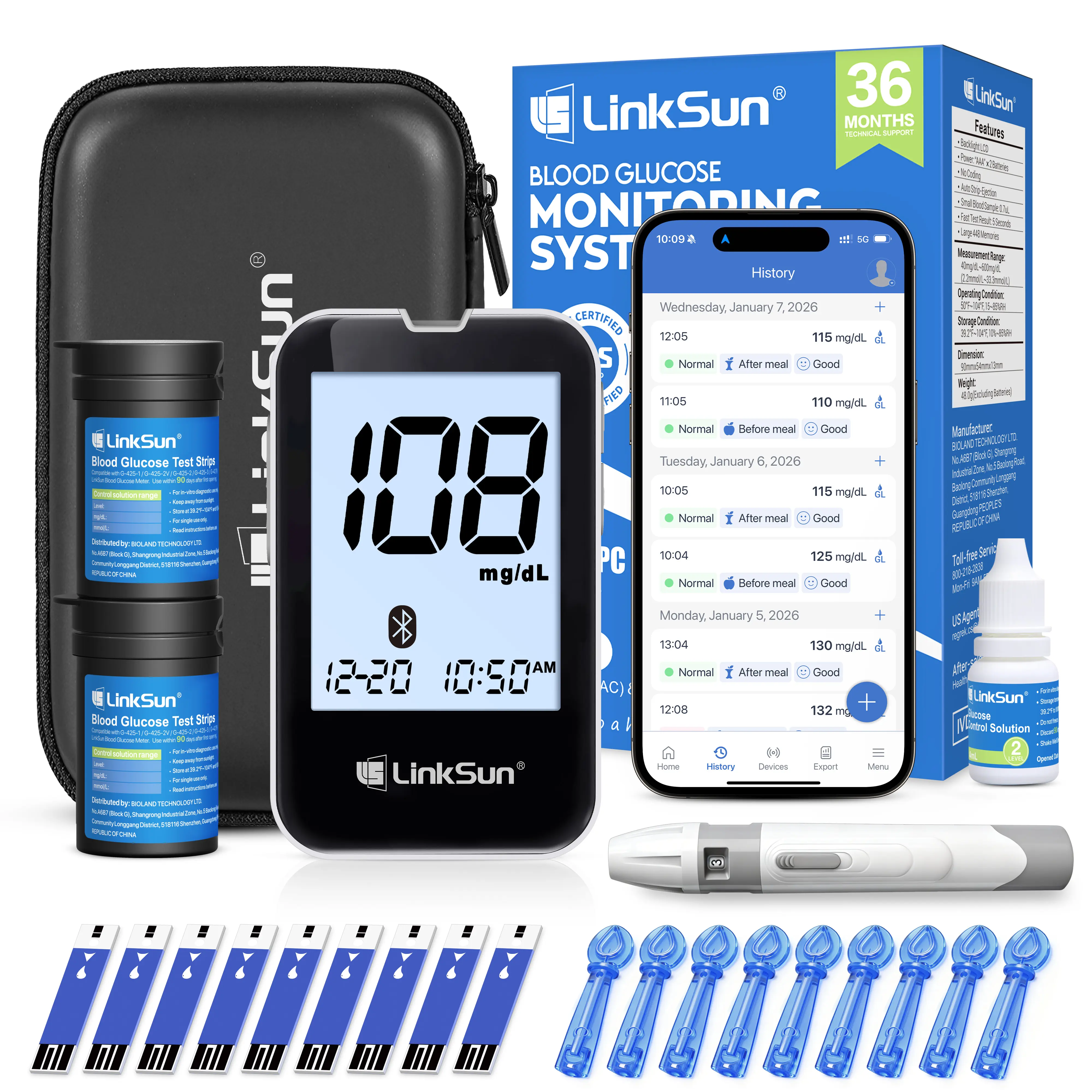 LinkSun G-427B Bluetooth Blood Glucose Monitor Kit - 100 Test Strips, 100 Lancets, Lancing Device, Control Solution, Travel Diabetic Organizer Healthcare Work Bag, Large Display, No Coding, High Accuracy (Father's Day Gift),summerwins,summeressentials, Gl