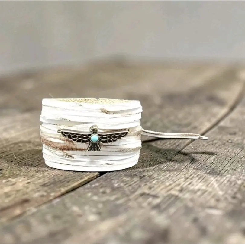 "Addi" Handmade White Leather Cuff Bracelet with Bird Pendant