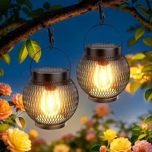 Solar Lanterns Outdoor Waterproof, Upgraded Hanging Solar Lights for Outside, Metal Solar Hanging Lanterns with Clip, Solar Powered Lantern for Patio Porch Garden Decor, 2 Pack