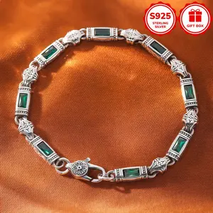 S925 Sterling Silver Vintage Engraved Bracelet | Emerald Green Crystal Accents | Ideal Gift for Anniversary, Birthday & Special Occasions