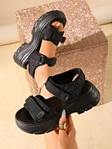 Women's Thick Sole Sporty Sandals, Adjustable Velcro Height Boost, Non-Slip Versatile Beach Shoes, Summer Textile Rubber Soles
