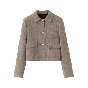 Women's Houndstooth Cropped Blazer Jacket, Casual Business Style, Single Breasted Button Front Design, Perfect for Office & Daily Wear