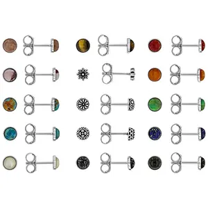 JTV Multi-Gemstone Rhodium Over Brass Stud Earring Set of 15 With Pouch