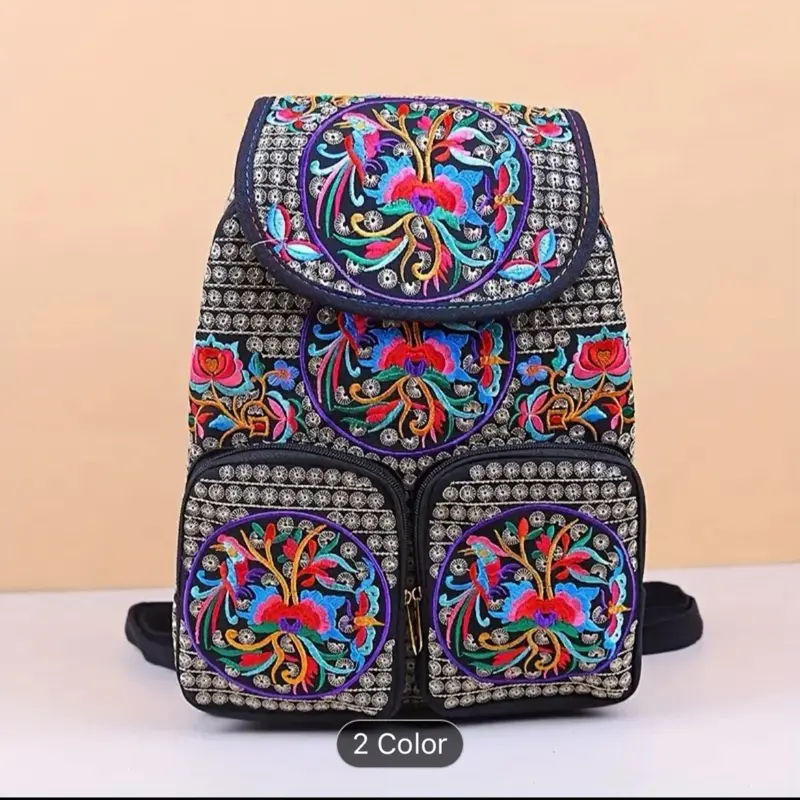 Embroidered Backpack - Multi-Color Floral Pattern, Adjustable Straps, Dual Side Pockets, Zip Closure, Durable Polyester Lining