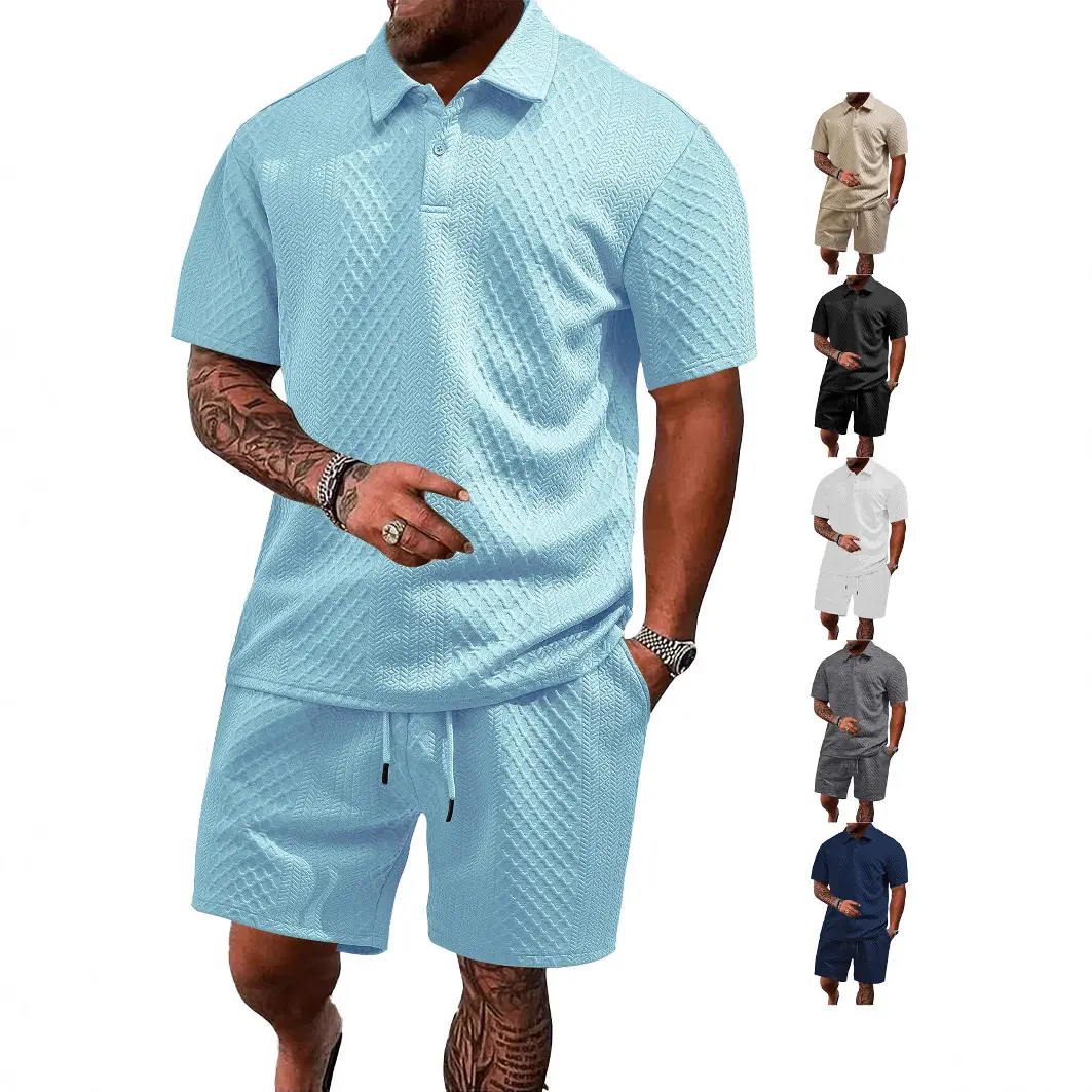 Casual jacquard polo shirt set with turn-down collar, men’s two-piece short-sleeve shorts outfit, elastic waistband shorts with buttons, sporty summer menswear set for everyday home wear, loungewear, available in multiple colors.