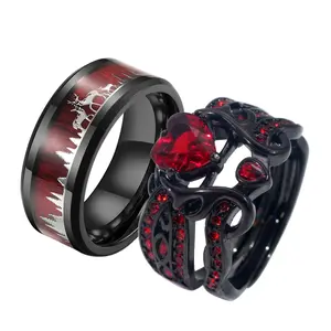 Ringcrown Couple Rings Black Matching 1CT Red CZ Deer Antlers Plated Women Men Wedding Set Titanium Steel Band Anniversary Jewelry Gift