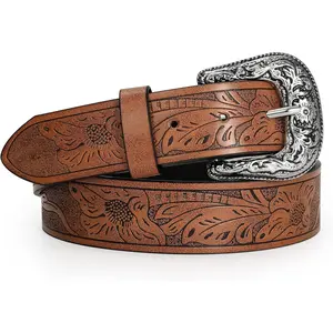 Adjustable Vintage Western Belts for Women Men Cowboy Cowgirl Belt Engraved Buckle Belt for Jeans Pants Dresses