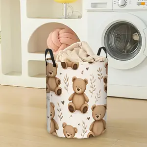 1pc Cute Teddy Bear Print Laundry Hamper, Polypropylene Foldable Dirty Clothes Basket with Handles, Large Capacity Storage Bin for Kids Bedroom & Nursery