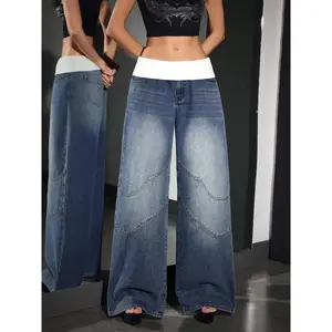American Retro Vintage Street Style Waistband Gradient Denim Jeans, Loose Fit Slimming Design, Casual All Seasons Fashion
