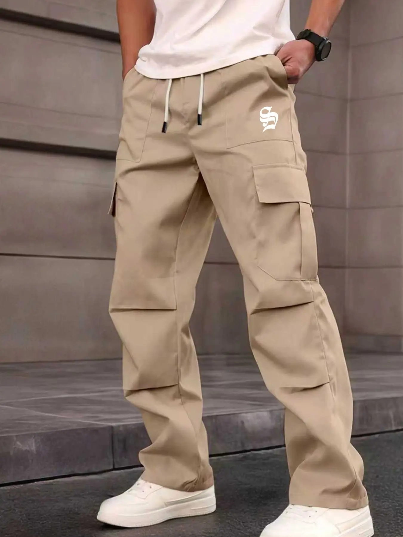Men's Workwear Pants, Unique Print, Multiple Pockets, Accordion Design at Knees, Adjustable Drawstring Waist, Outdoor Hiking, Loose Pocket, Casual Relaxed Fit, Casual Trousers, All Purpose Pants