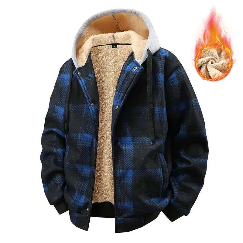 Men’s thick fleece-lined warm plaid hooded jacket, plaid design, comfortable and stylish outerwear, men’s casual jacket, men’s top, menswear