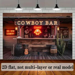1pc 2D Flat Vintage Western Bar Polyester Banner - Rustic Cowboy-Themed Wall Decor with Neon Sign, Guitars & Barrels - Perfect for Home, Room, Party & Photo Props, Western Home Decor White Ornaments Decoration