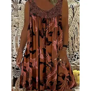 [Elegant Plus-Size Dress] Plus Size, Round-Neck Sleeveless Lace Ruffle Patchwork Print Elegant Plus-Size Flared Dress