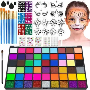 54 Colors Face Painting Kit Non-Toxic Water Activated Face Paint Palette with Brushes Stencils Gems for Festivals Halloween Carnival Birthday Parties