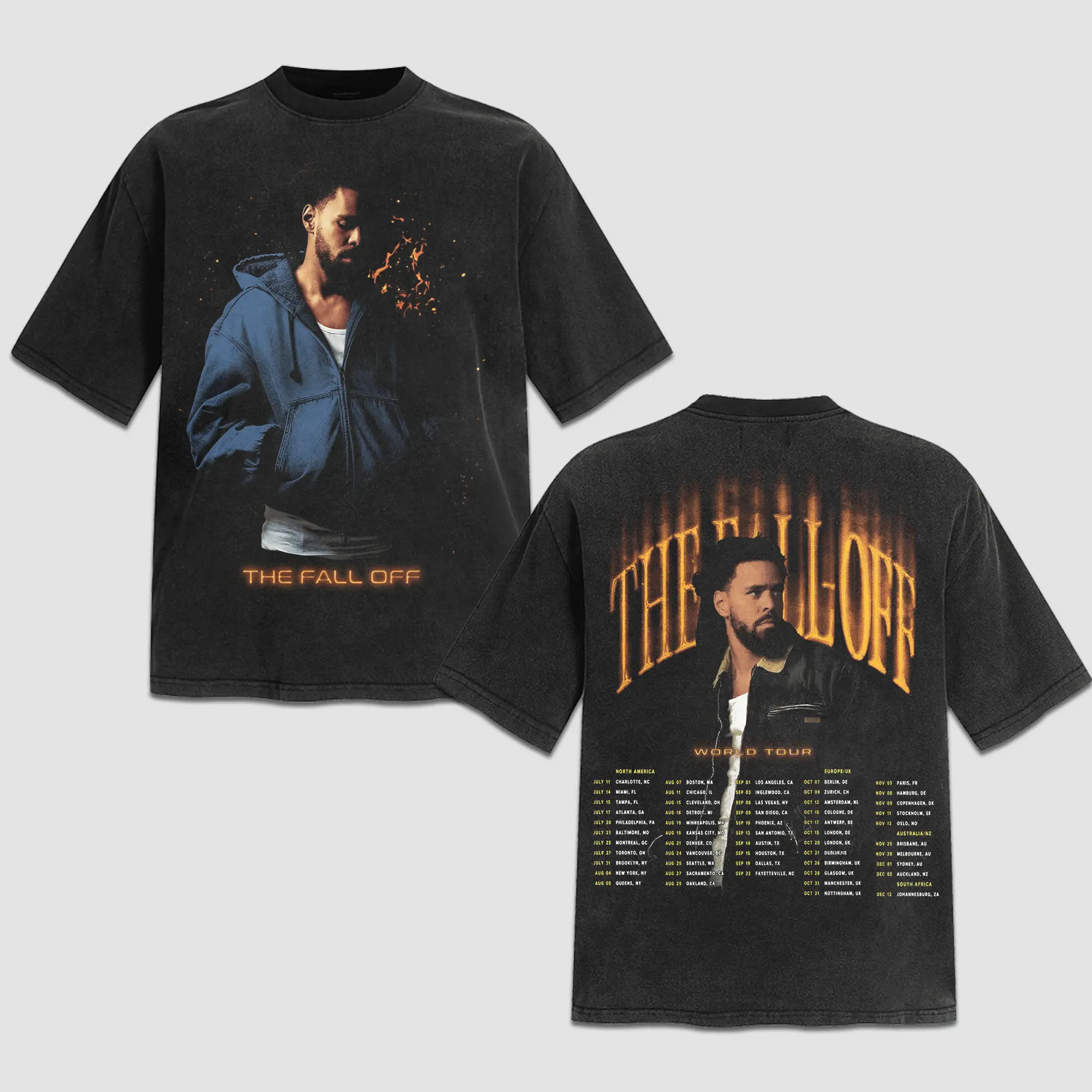 J Cole The Fall Off World Tour T Shirt 2 Sides, Global Concert Stadium Tour Dates Merch, Vintage 90s Bootleg Rap Tee, Blue Hoodie Photo Graphic Top, Represent Heavyweight Oversized Cotton Streetwear