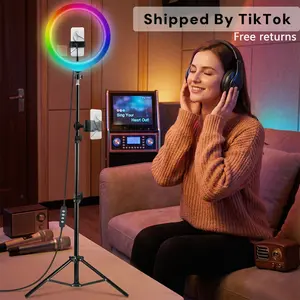 【Flach Deal】12" RGB portable video light with 43.3" Tripod Stand & 2 Phone Holder, LED Ring lights with Multiple RGB Colors Modes and 3 Brightness Dimmable for Makeup/Photography/Videos/Vlog/TikTok ring light glow content#Mother's Day Gifts