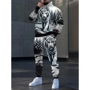 Animal Tiger Is Printed All Over The Body With Digital Printing. Forest Tiger Print Casual Pullover Long-sleeved Hooded Sweatshirt + Drawstring Casual Trousers 2-piece Set [Printed Design  Not Textured]