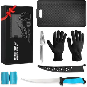 Fish Fillet Knife Set, 5 PCS Fish Cleaning Kit Includes 7" Fishing Knife, Non-Slip Fish Fillet Mat, Knife Sharpener, Fish Scaler Remover and Cut Resistant Gloves, Fishing Accessories Gifts