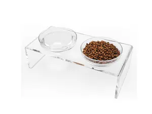 Acrylic Elevated Dog Cat Bowls Pet Feeder Double Bowl Raised Stand Comes with 2 Removable Glass Bowls and 2 Stainless Steel Bowls.Perfect for Medium Dogs, 5.5" Tall
