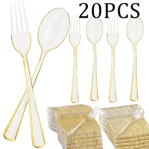20 Piece Transparent Gold Rimmed Cutlery Set, Plastic Disposable Spoons and Forks, Party Tableware for Birthdays, Valentine's Day, Mother's Day