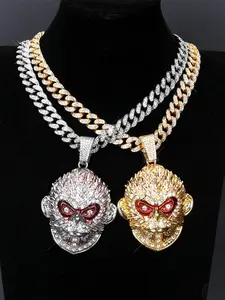 Trendy Hip-Hop Monkey King Charm Pendant, Sparkling Cuban Chain Necklace, Punk Animal Design, Unisex Daily Wear Jewelry, Cuban Link Necklace