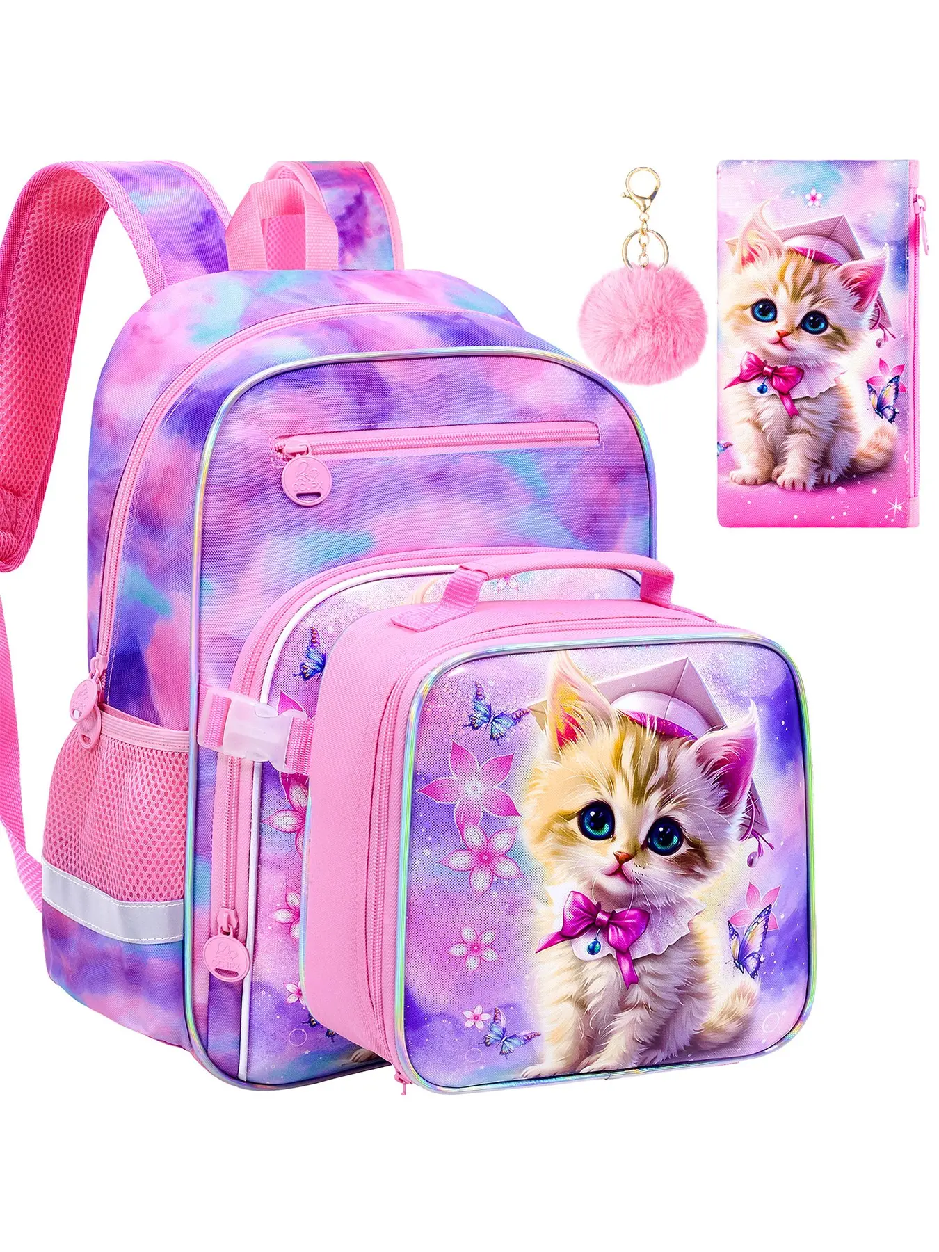 3-Piece Adorable Kitten Design Backpack Set | Pink Purple Gradient Cute Style Cute Versatile Backpack | Breathable Shoulder Straps | For Kids 6-12 School Backpacks, Lunch Carry, Lunchbox & Weekend Trips, Cute Daypacks