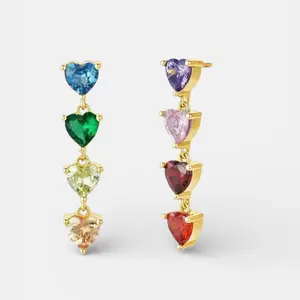 Rainbow Hearts Drop Earrings with Multicolor Gemstones and Gold-Tone Setting for Stylish Accessories