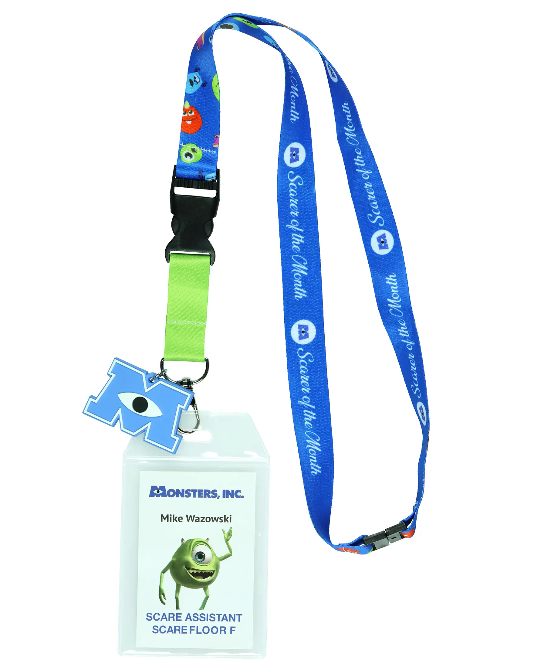 Disney Monsters Inc Scarer of the Month Breakaway Lanyard ID Badge Holder with Buckle, Double-Sided Design, 2" Rubber Charm, Hand Washable Office Identification Supply - Great Gift for Fans