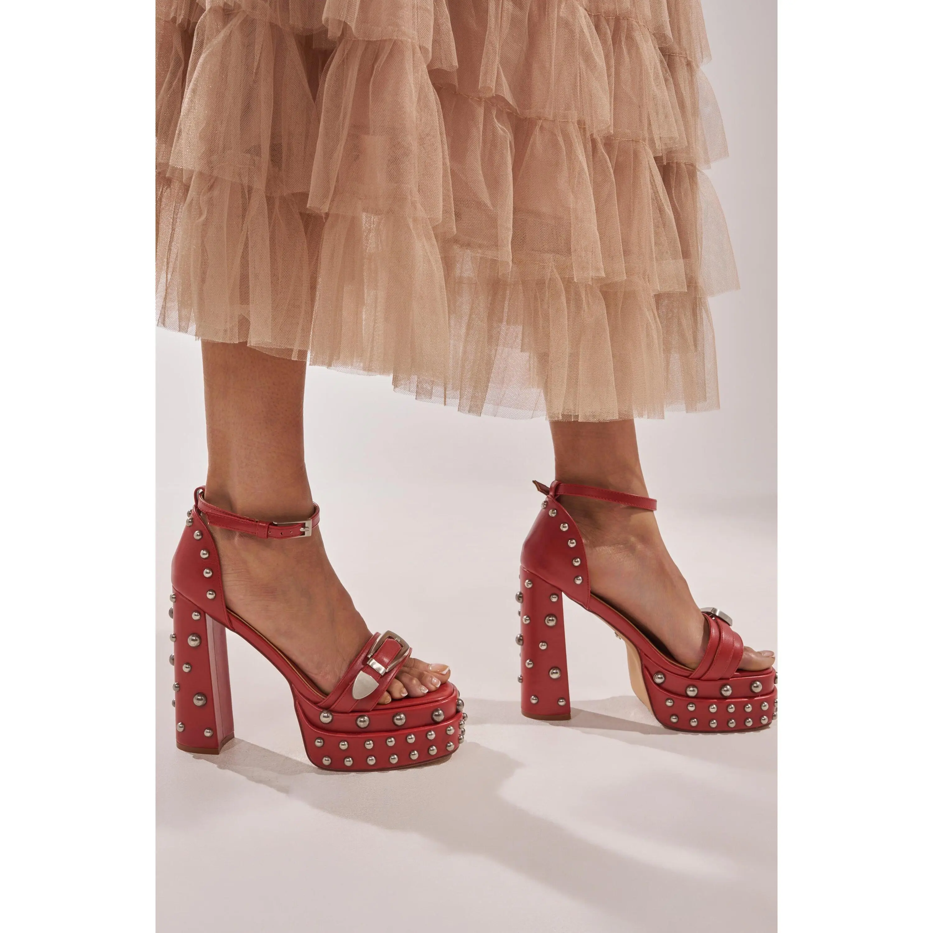 AZALEA WANG EUGENIJA RED CHUNKY EMBELLISHED STUDDED SANDAL