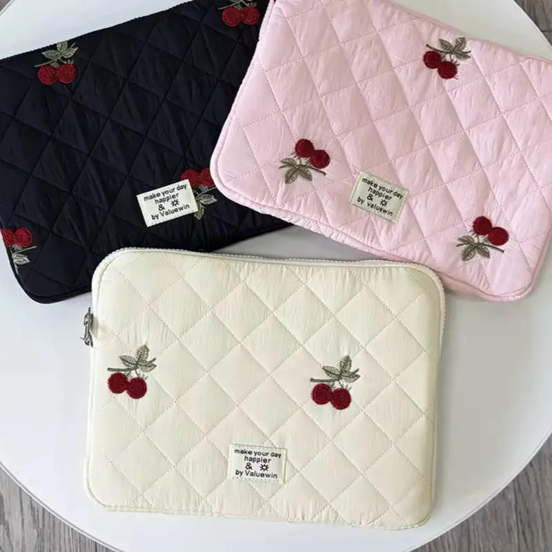 Quilted Cherry Tablet Case, Cute Padded iPad Sleeve with Zipper, Aesthetic Protective Tablet Bag for School, Work & Travel