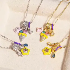 Whimsical Ice Cream Charm Necklace – Gold & Silver Chains with Colorful Rhinestone Pendants