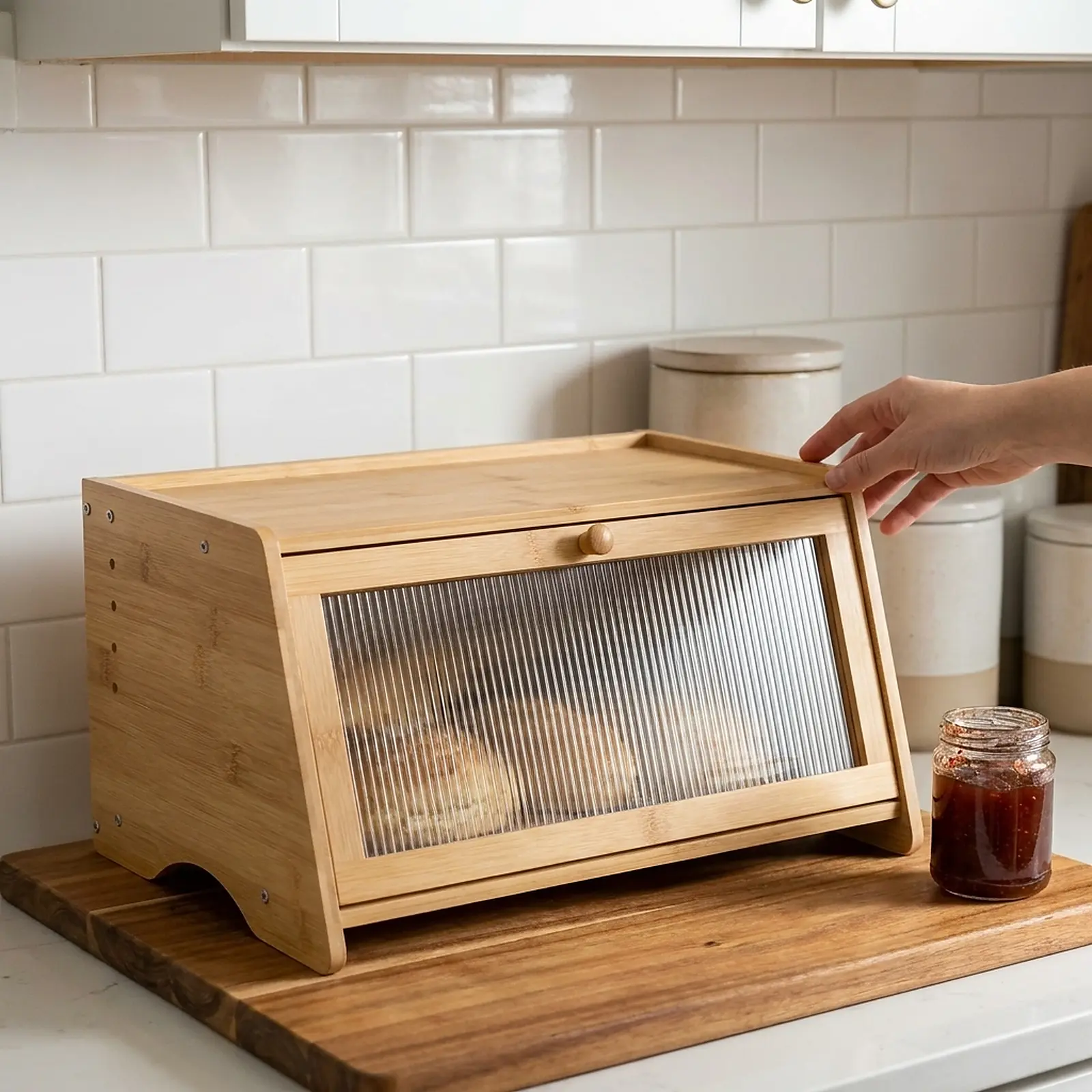 YUNRUICHI Bamboo Bread Box for Kitchen Countertop, Single Tier Farmhouse Bread Storage Cabinet With Ribbed Door