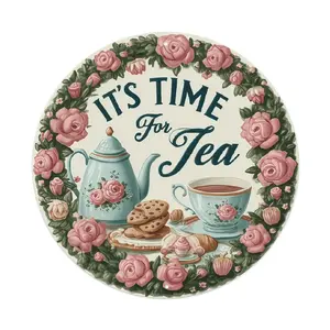 "It's Time For Tea" Round Metal Sign, Vintage Tea Party Floral Wall Art,8in Aluminum Decor for Kitchen, Coffee Bar, Tea Room