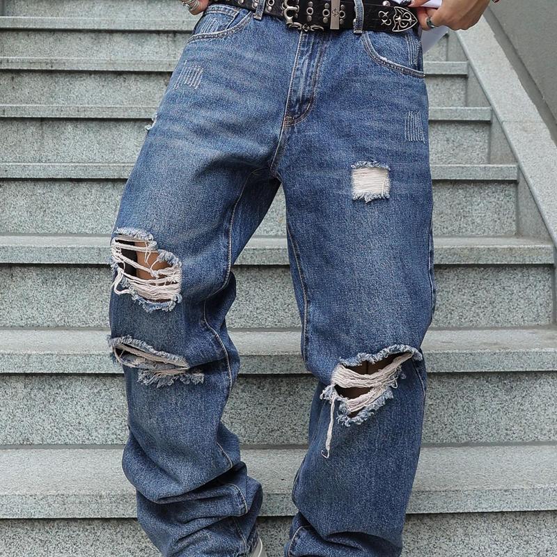MZNBURAM Men's Ripped Non-Stretch Relaxed Fit Straight-Leg Denim Pants Jeans-Menswear Streetwear Trouser MZNBURAM Men's Ripped Non-Stretch Relaxed Fit Straight-Leg Denim Pants Jeans-Menswear Streetwear Trouser