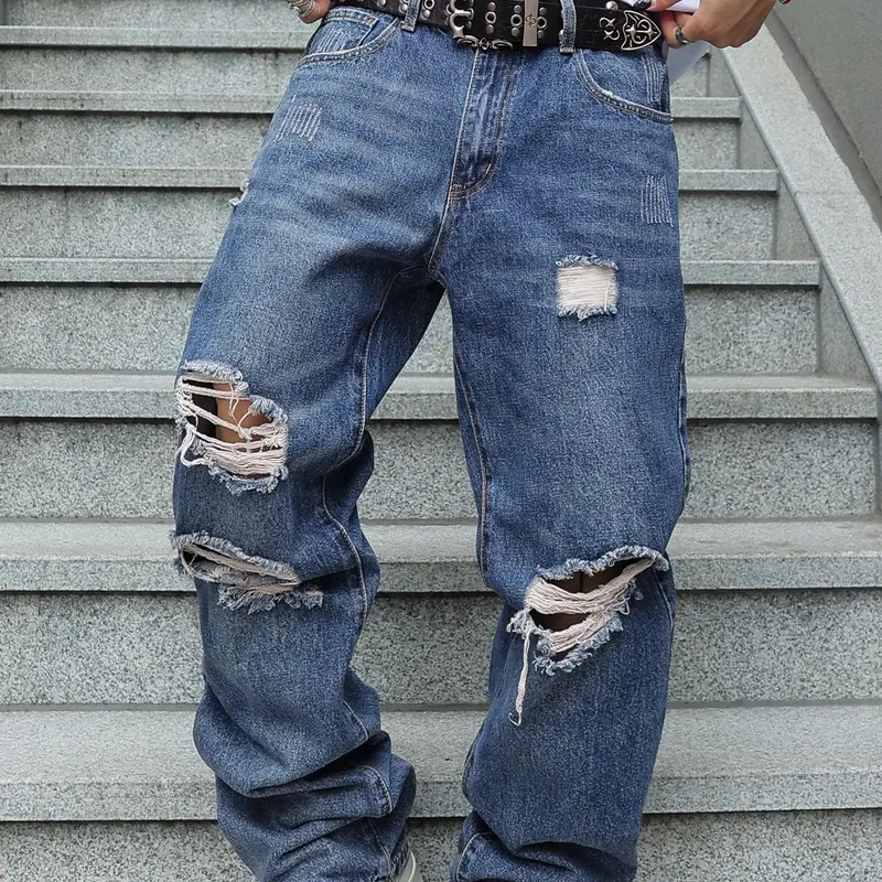 MZNBURAM Men's Ripped Non-Stretch Relaxed Fit Straight-Leg Denim Pants Jeans-Menswear Streetwear Trouser