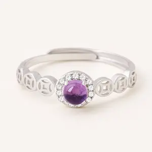 Purple Amethyst-Inspired Coin Ring for Women, Unique Wealth Lucky Ring, Birthday Gift Jewelry for Mom