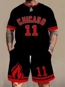 Men's Fashion Casual Set, Outfit, Clothes, 3D Print Chicago No.11, Short Sleeve Round Neck T-Shirt & Drawstring Shorts, Plus Size