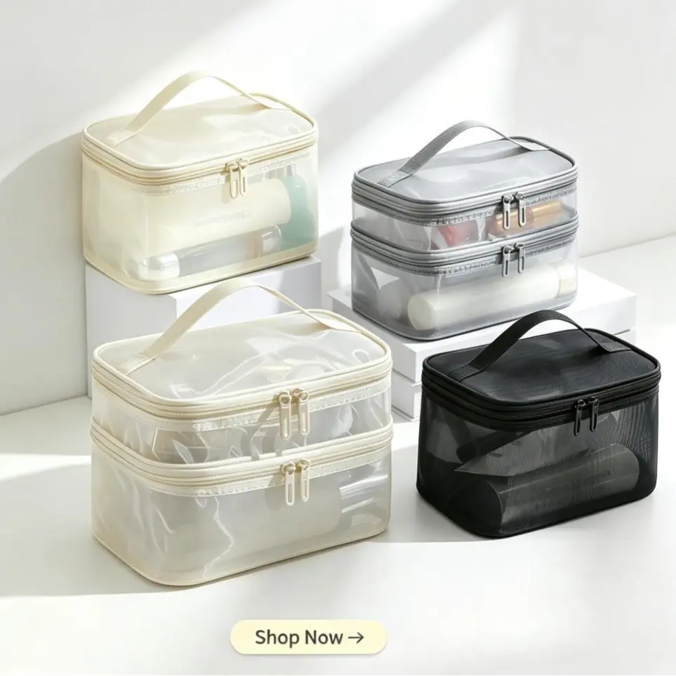 Double-Zipper Mesh Cosmetic Pouch - Transparent Visible Home Organizer Storage Bag with Handle, Breathable Portable Makeup Accessory Holder for Trip Bathroom Use