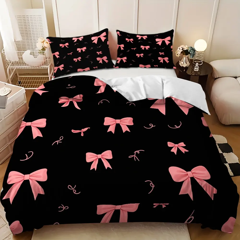 Bedding Three-Piece Set - Decorative Bedding Set - 3PCS Spring Happy Black and Pink Bow Pattern Design Down Comforter Set (1 comforter cover + 2 pillowcases, filling not included). A gift for family and friends, soft and comfortablerooms.