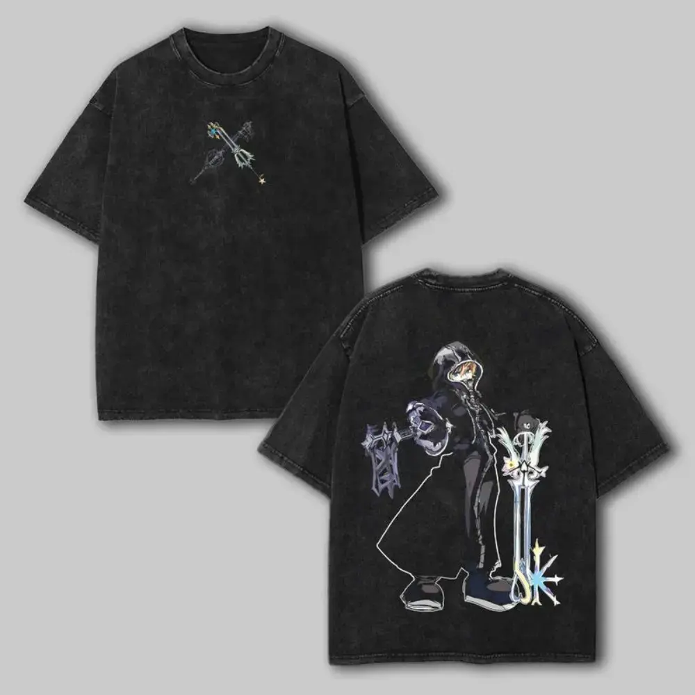 Roxas Kingdom Heart Washed Tee Oathkeeper Oblivion Unisex Anime Manga Cotton Tshirt Gift For Anime Fan Menswear Top Tshirt Black Streetwear Casual Shortsleeve，Anime enthusiasts, anime merchandise Oversized Ribbed