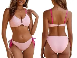 AgeRose Women's U-Wire Support Color Block , Textured Adjustable Strap High Waist 2 Piece Swimsuit for Beach Vacation