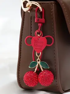 Cherry Red Heart Pendant: Vintage Sweet-Cool Style, Encrusted Cherry With A Heart-Shaped Plaque, Accented With Leather Knots, Can Be Hung On Bags Or Keys, Sparkly Bag Charm, Bag Charm Keychain, Suitable For Everyday Outfits, Ideal Gift For Loved Ones