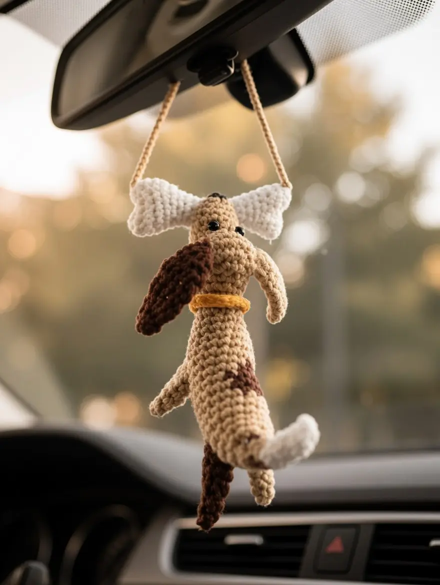 Handmade Crochet Dog Car Hanging Ornament – Cute Puppy Rear View Mirror Charm, Amigurumi Dog Car Decor, Gift for Dog Lovers