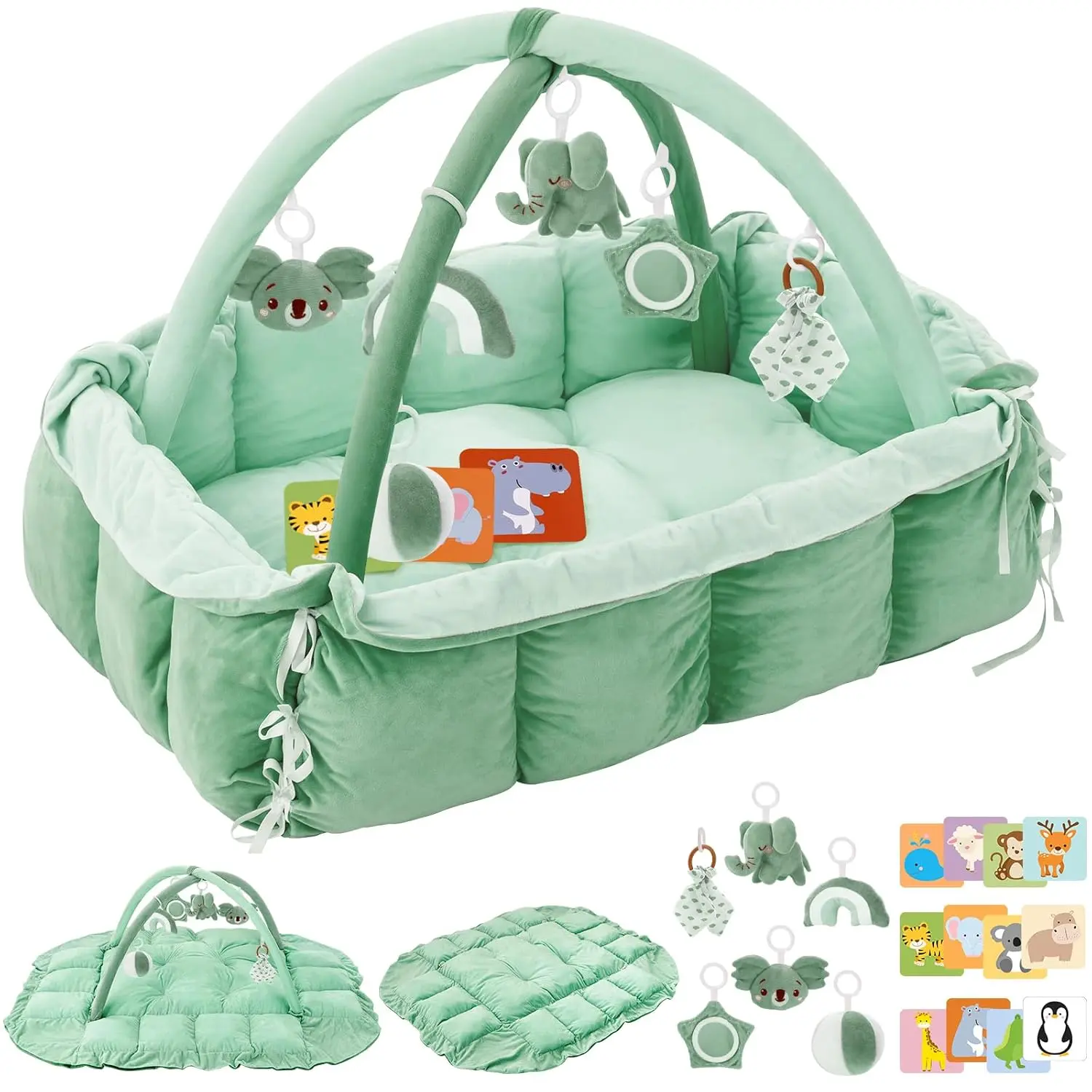 5-in-1 Plush Baby Play Gym Convertible Activity Center with 6 Sensory Toys Tummy Time Mat Ball Pit Sage Green